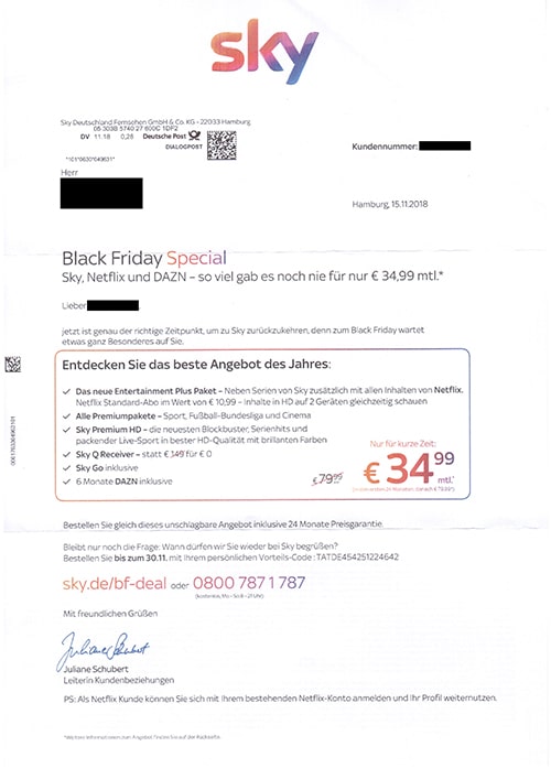 Sky Rückholangebot im November 2018