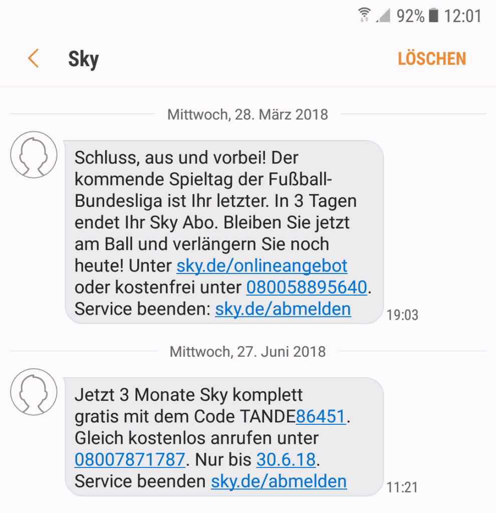 Sky Rückholangebot per SMS