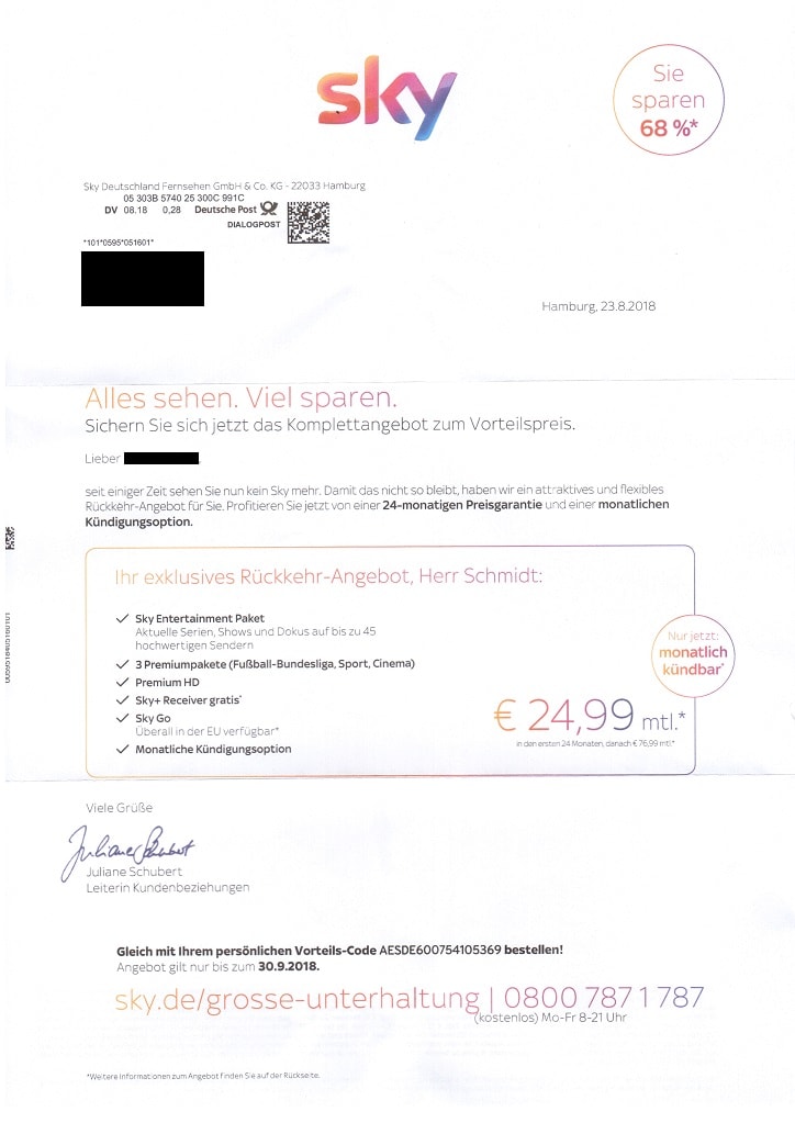 Sky Rückholangebot September 2018