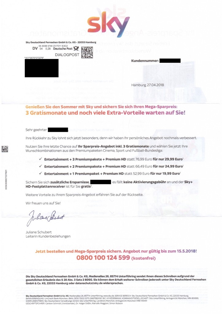 Sky Rückholangebot April 2018